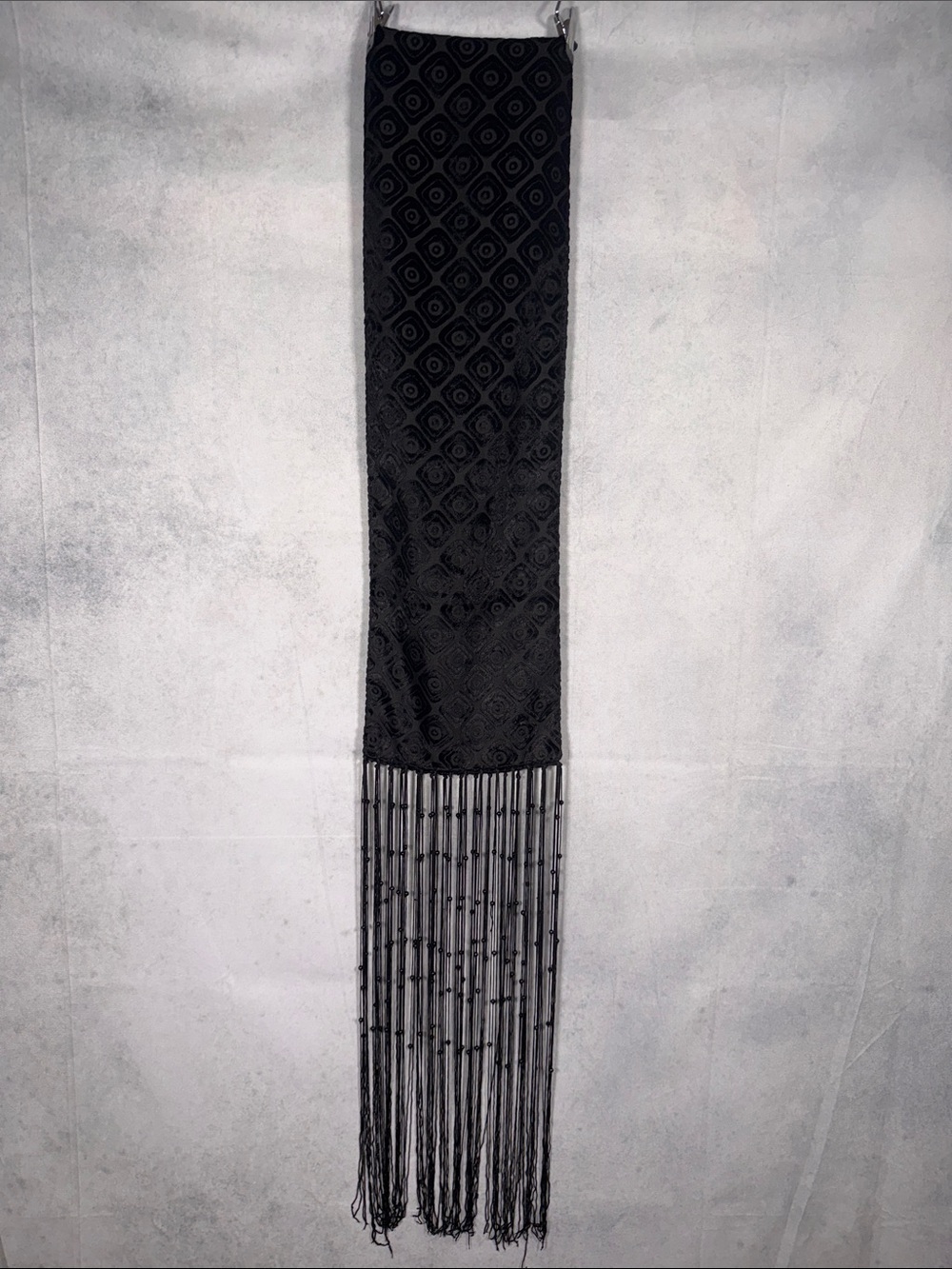 Elegant Black Fringed Velvet Scarf - Picture 2 of 5